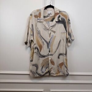 Jason Wu Mens Abstract Brushstroke Print Linen Blend Short Sleeve Shirt Tan M